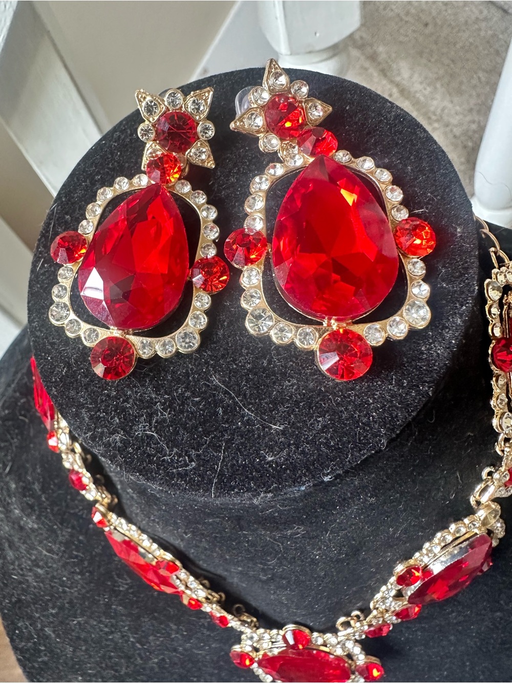 Gold-Tone Red Teardrop Crystal Earrings